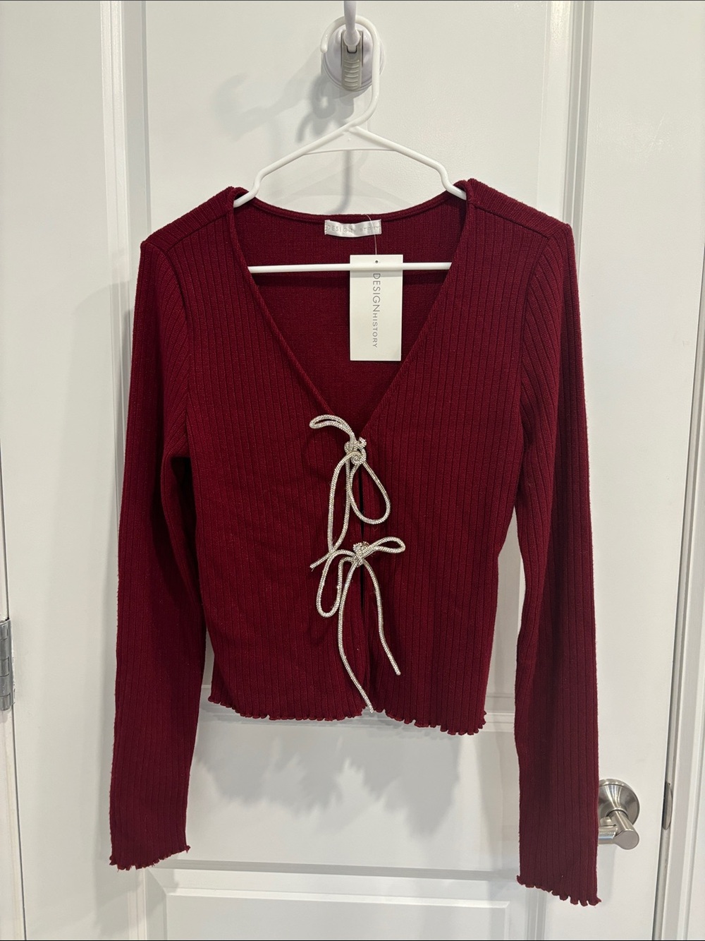 Design History Ribbed Burgundy Tie-Front Long Sleeve Top size XS/S